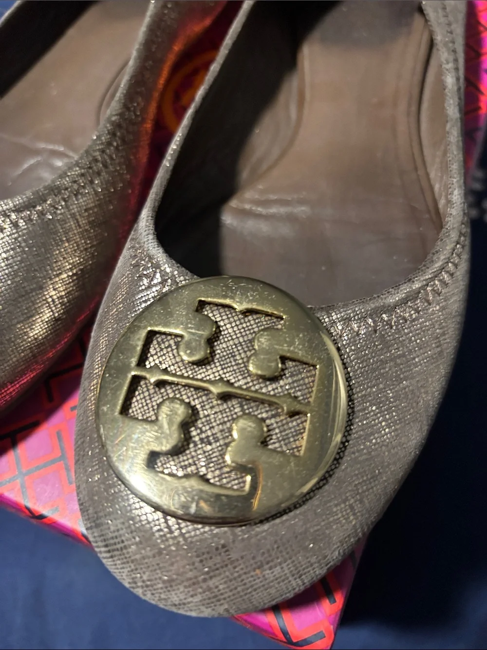 Tory Burch Metallic Bronze Logo Ballet Flats